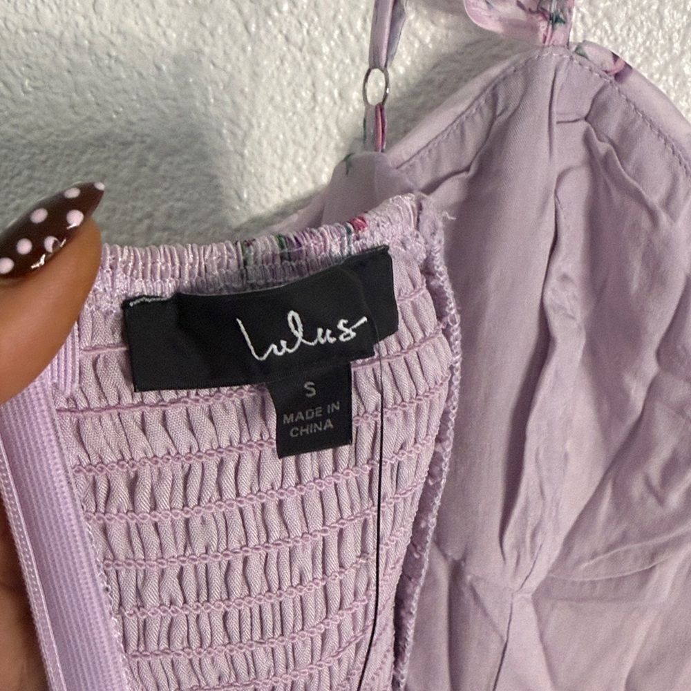 NWT-Lulus- Sweetest Emotion Lilac Floral Ruffled Tiered Bustier Midi Dress-small - Picture 13 of 16